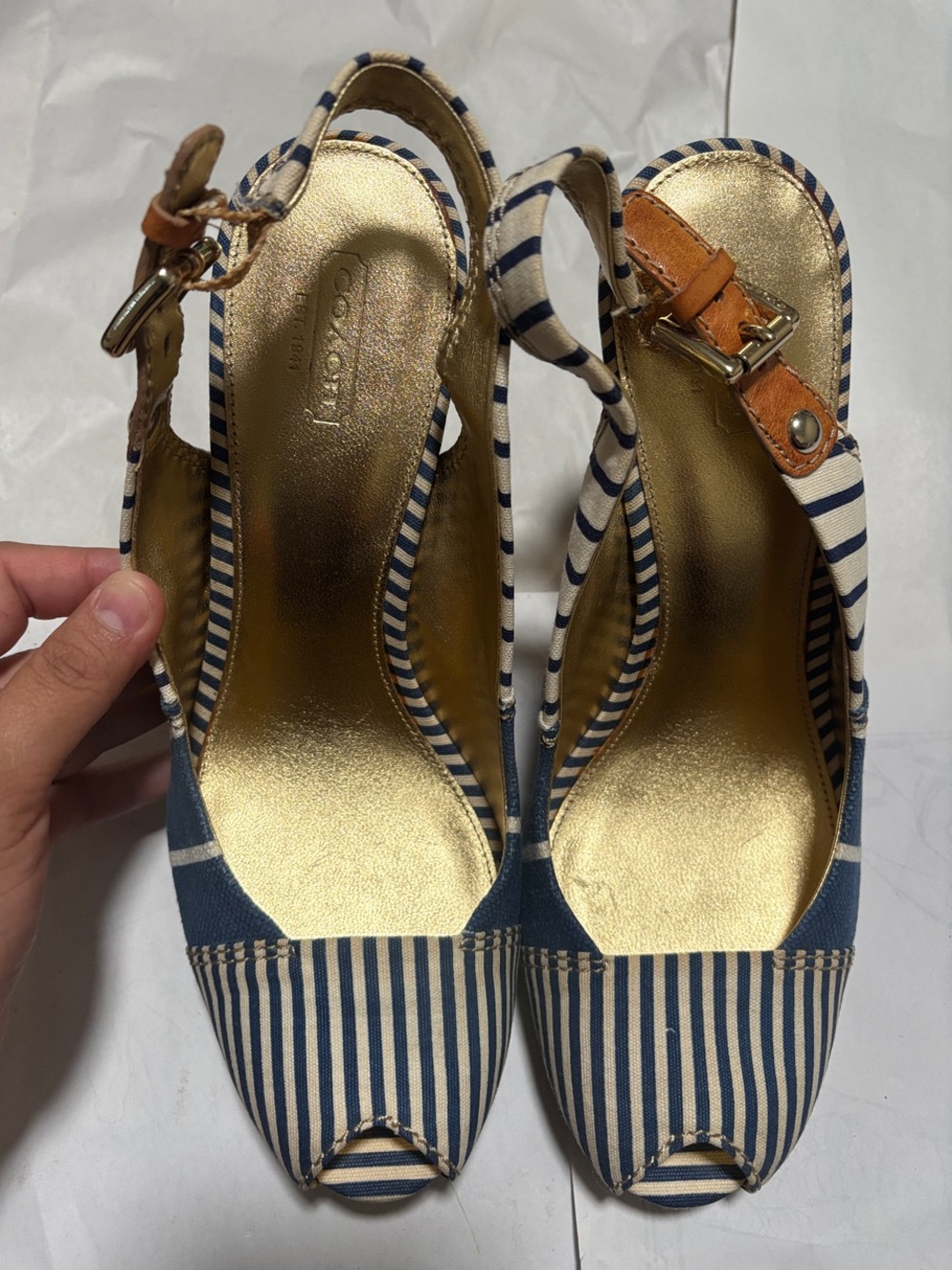 Coach Navy & White Striped Peep-Toe Slingback Heels with Gold Insole